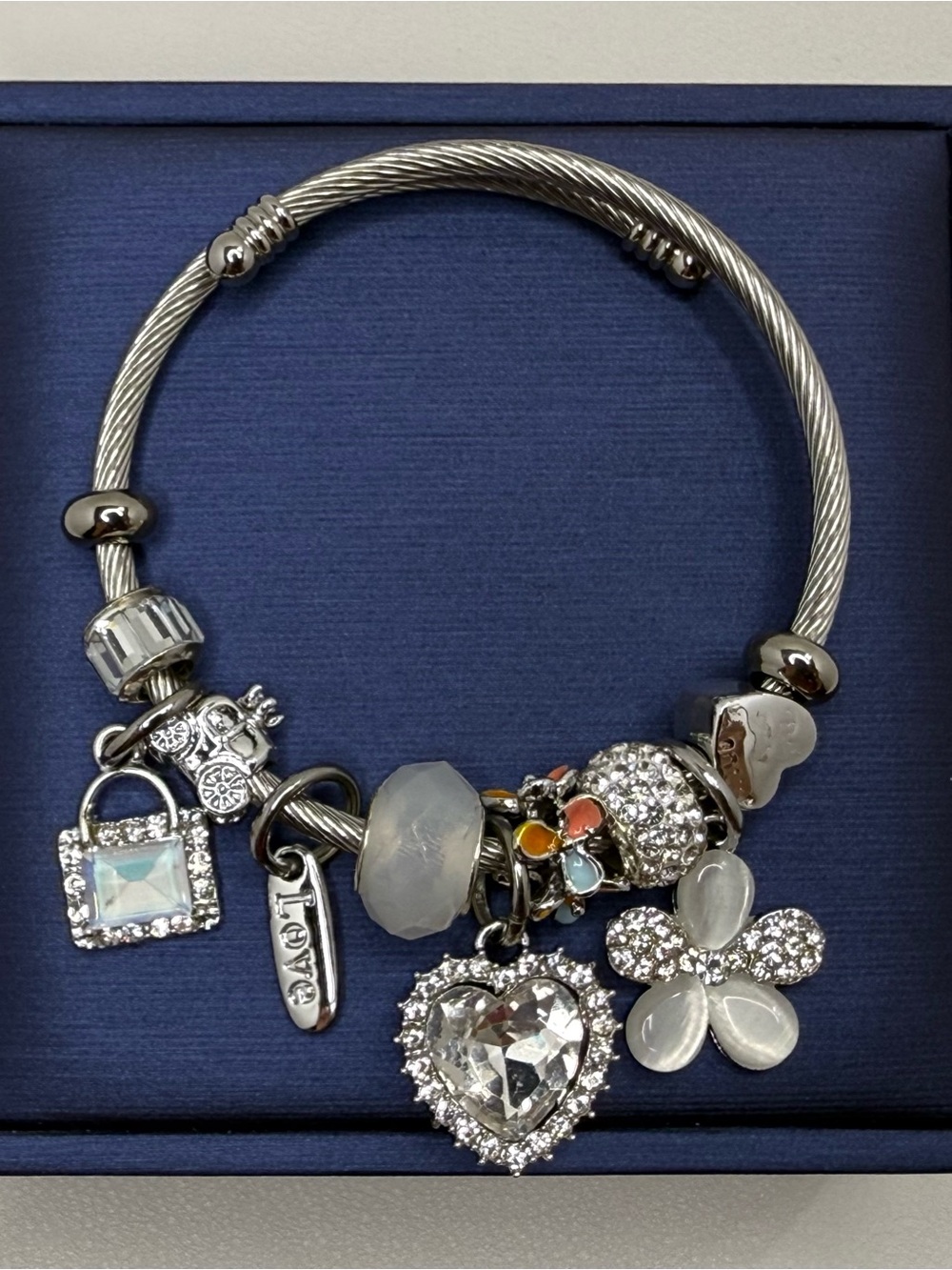 Silver-Tone Charm Bracelet with Heart & Flower Charms - White Accents